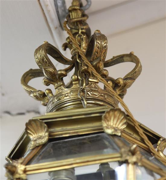 Two Louis XIV style ormolu and glass hall lanterns, 11 x 28in. & 14 x 31in.